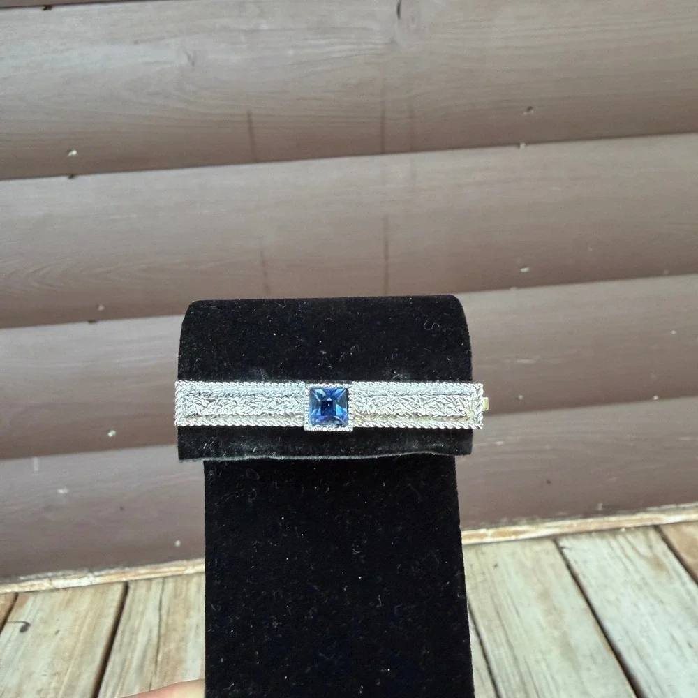 Vintage Silver Tone Bark Textured Tie Clip Blue Emerald Cut Rhinestone
